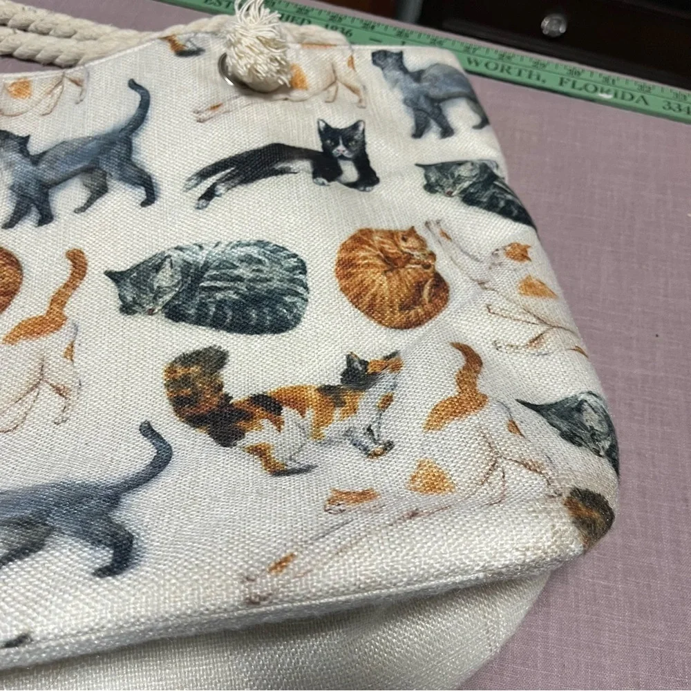 Extra Large Cat Print Tote Bag Rope Handles Quirky Cat Lady Canvas